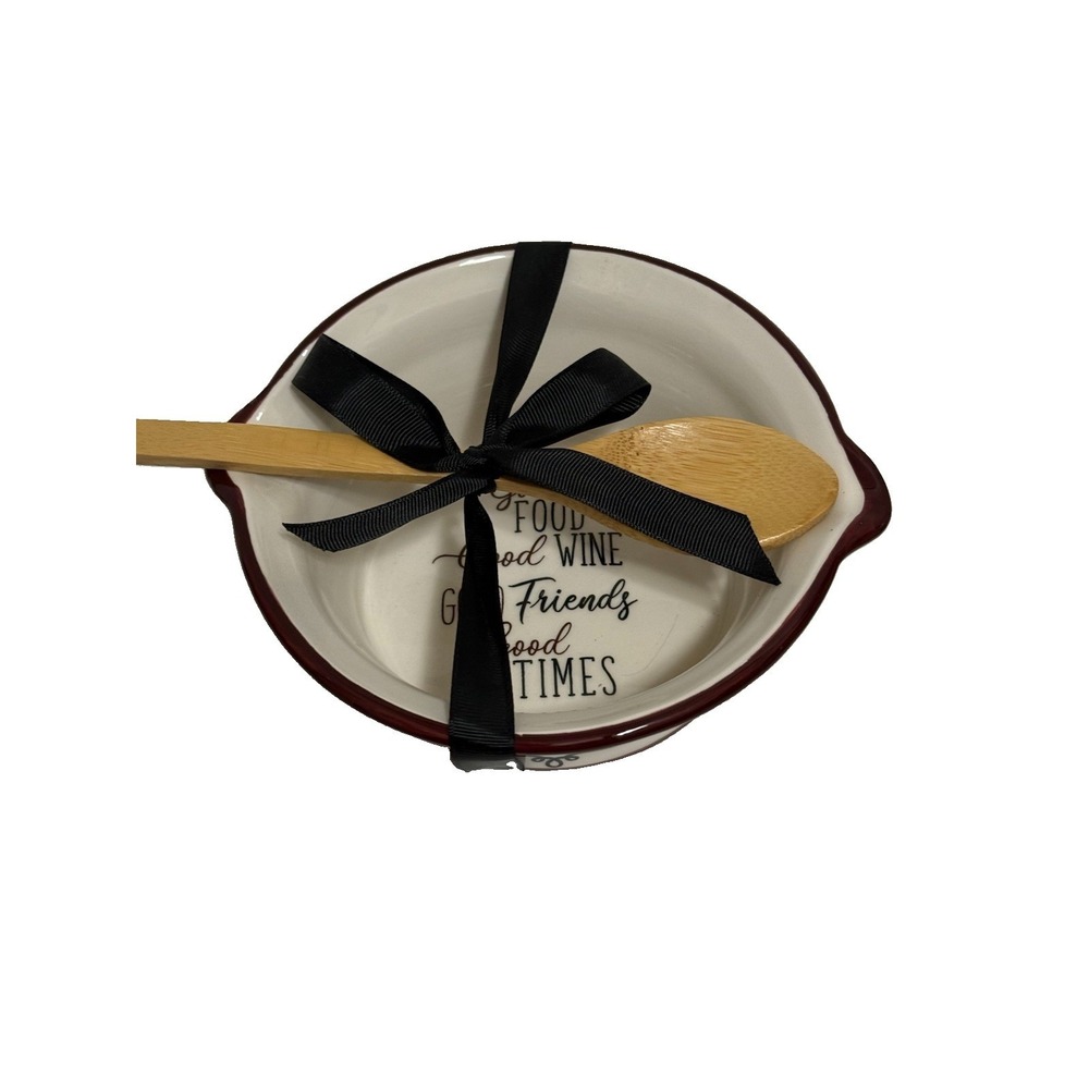 Appetizer Ceramic Bowl‎ Bake Serve Wooden Spoon Good Food/Good Wine/Good Friends